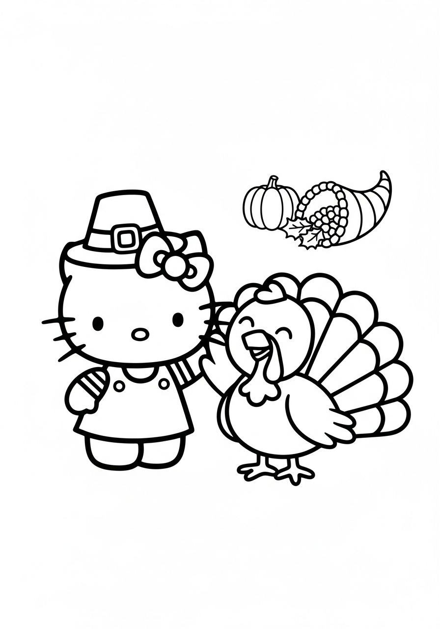 Hello Kitty patting a friendly turkey coloring page
