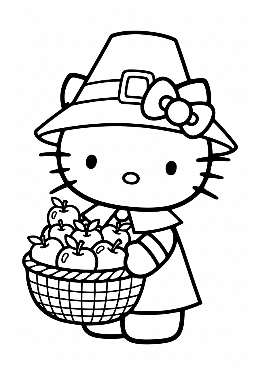 Hello Kitty pilgrim with apple basket coloring page