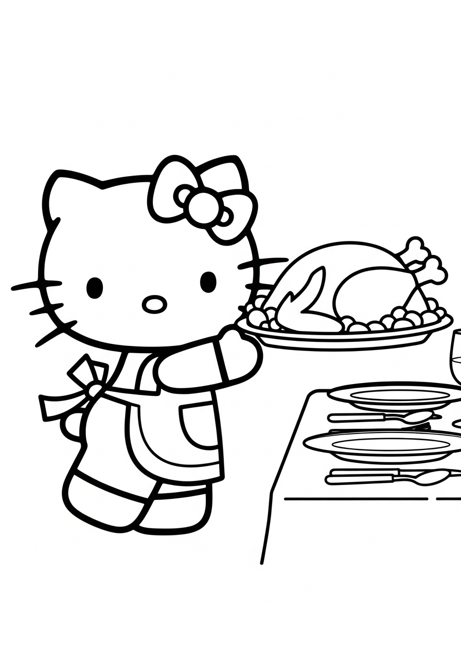 Hello Kitty serving turkey platter coloring page