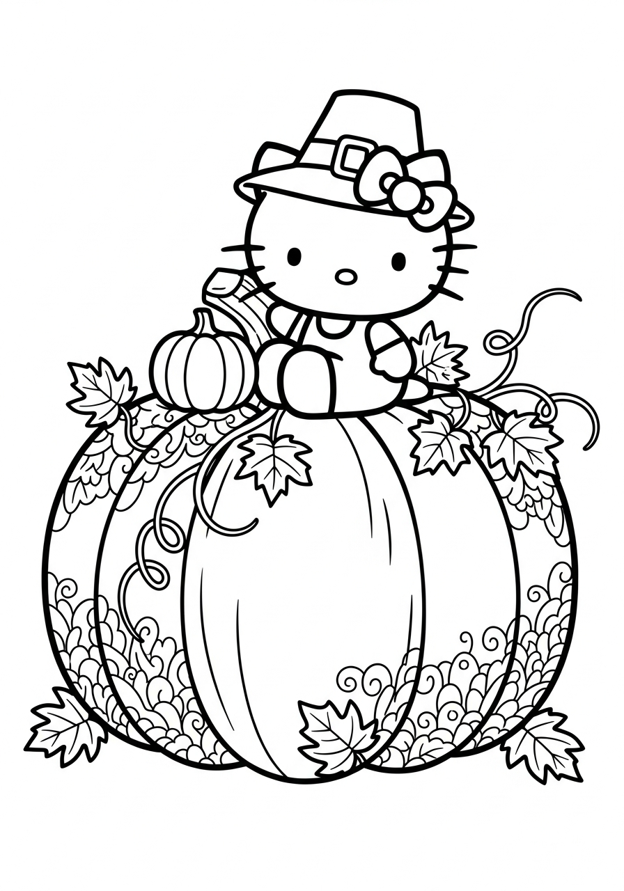 Hello Kitty sitting on large pumpkin coloring page