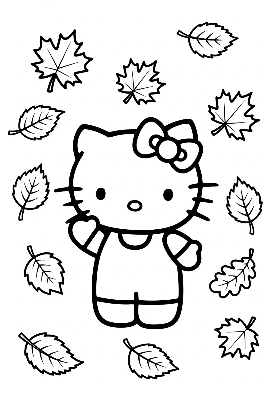 Hello Kitty waving among floating leaves coloring page