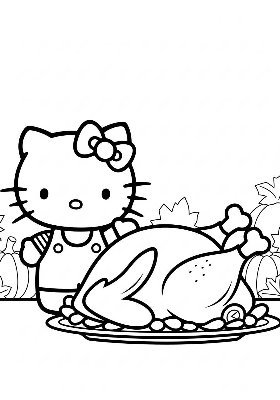 Hello Kitty with roasted turkey platter coloring page