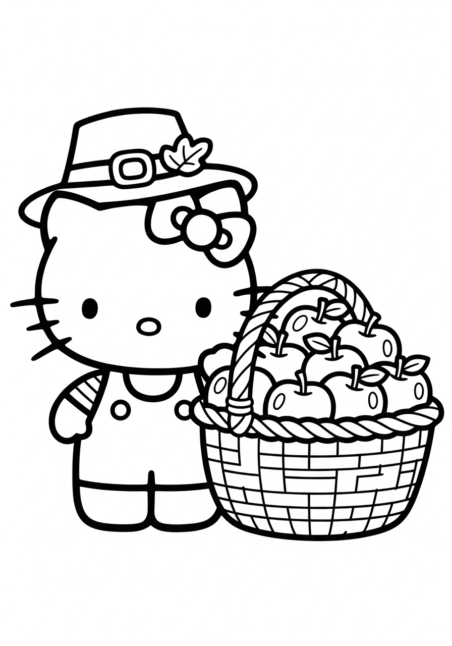 Hello Kitty with wicker apple basket coloring page