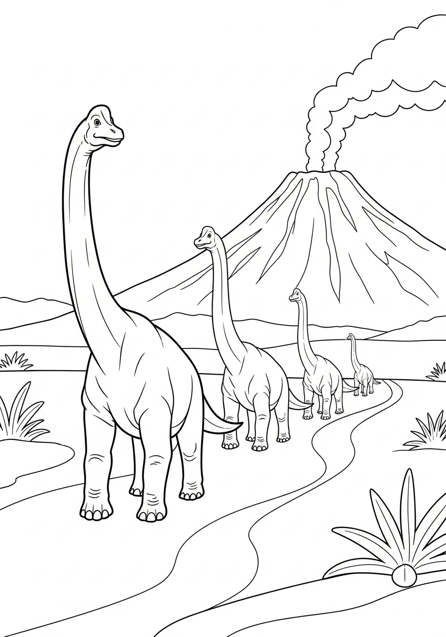 Brachiosaurus Coloring Pages 20 Herd of Brachiosaurus walking towards volcano coloring page