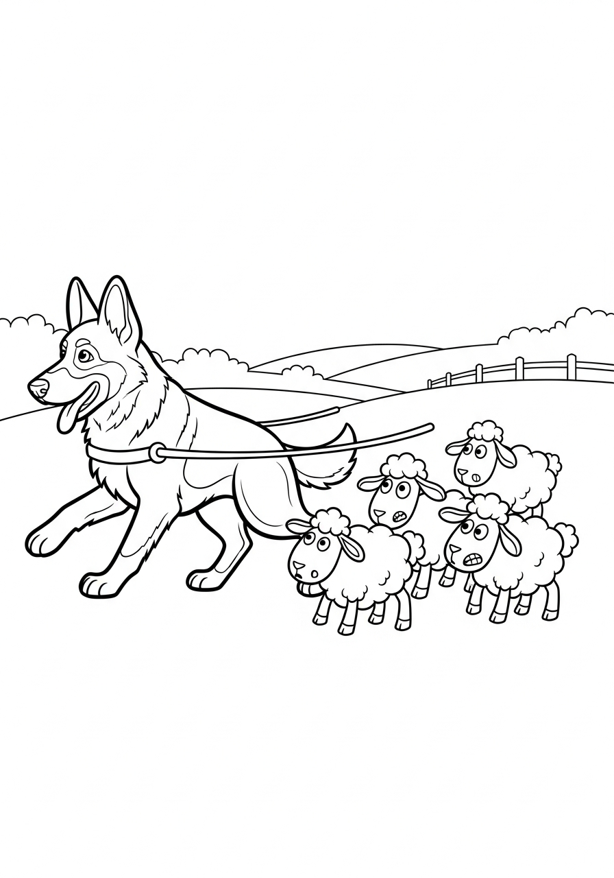 Herding German Shepherd with sheep coloring page