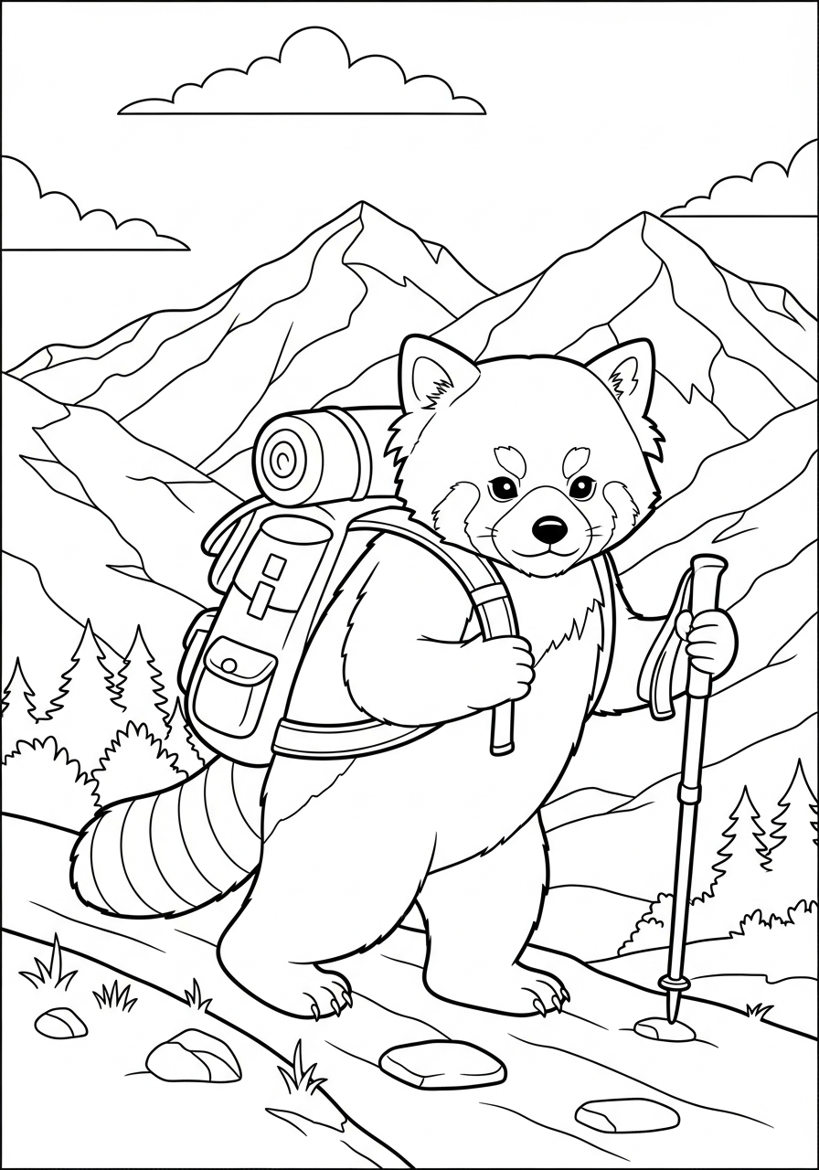 Hiking red panda with backpack coloring page