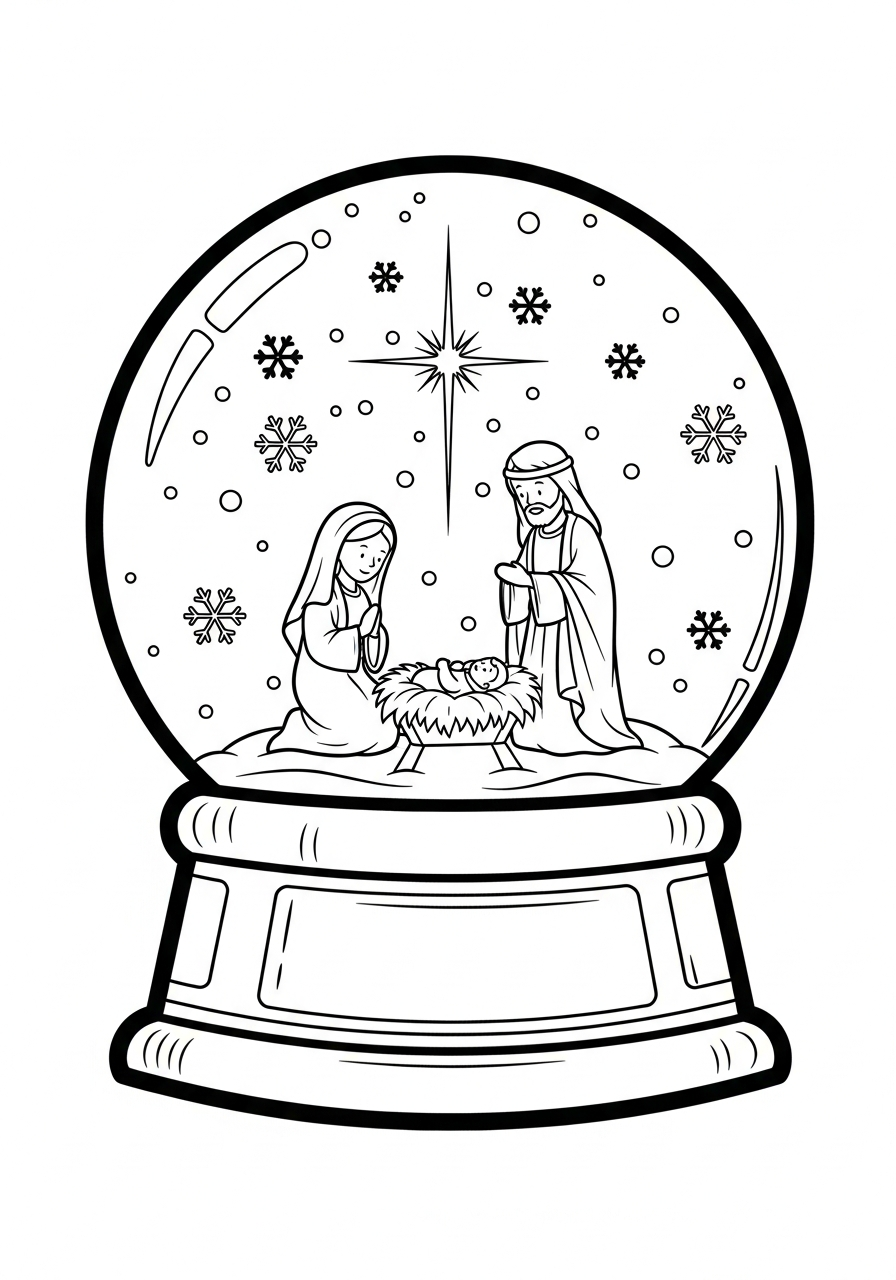 Holy nativity scene snow globe coloring page