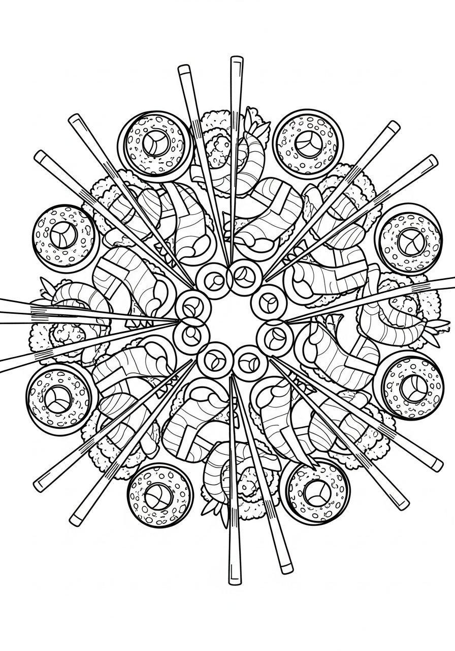 Intricate sushi mandala pattern coloring page