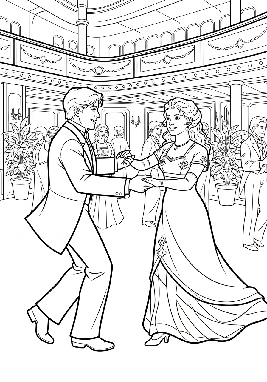 Jack and Rose dancing at party coloring page