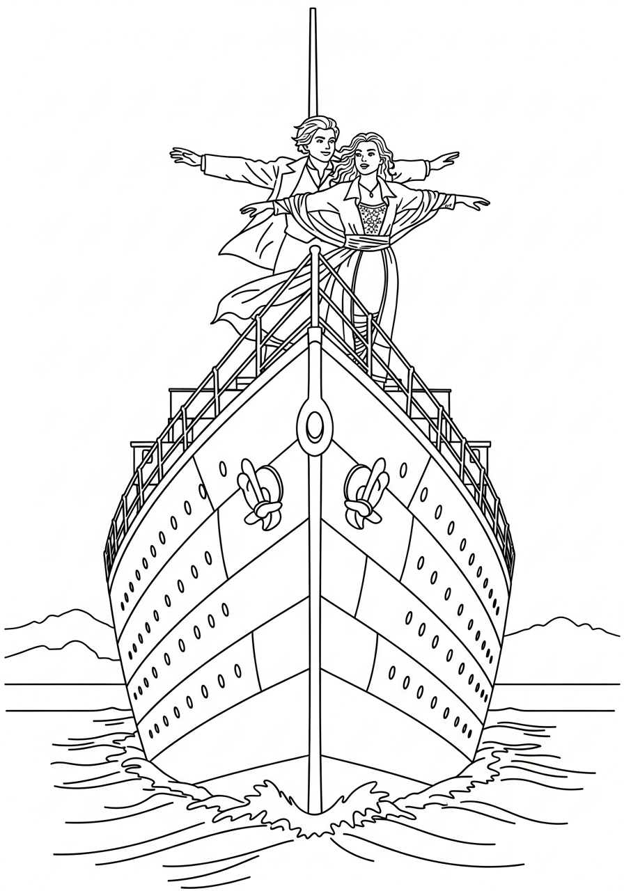 Jack and Rose flying on ship bow coloring page