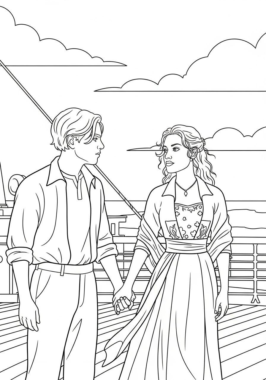 Jack and Rose holding hands on deck coloring page