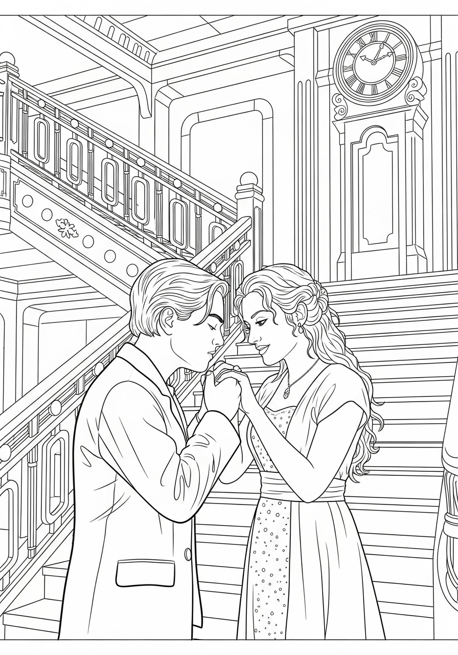 Jack kissing Rose hand on staircase coloring page