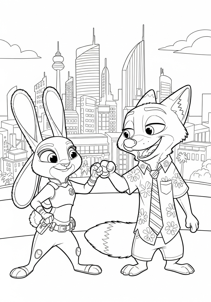 Judy and Nick fist bump coloring page