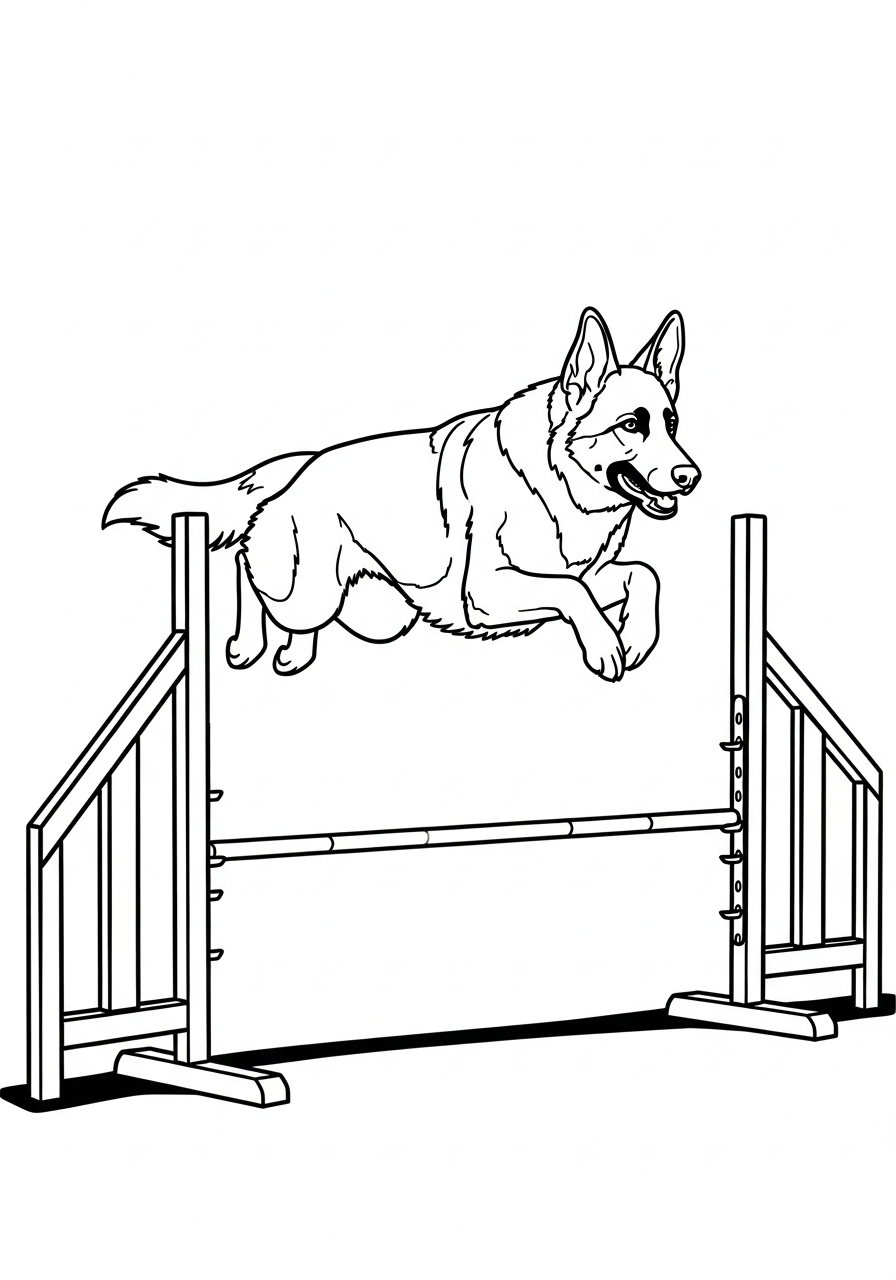 Jumping German Shepherd agility hurdle coloring page