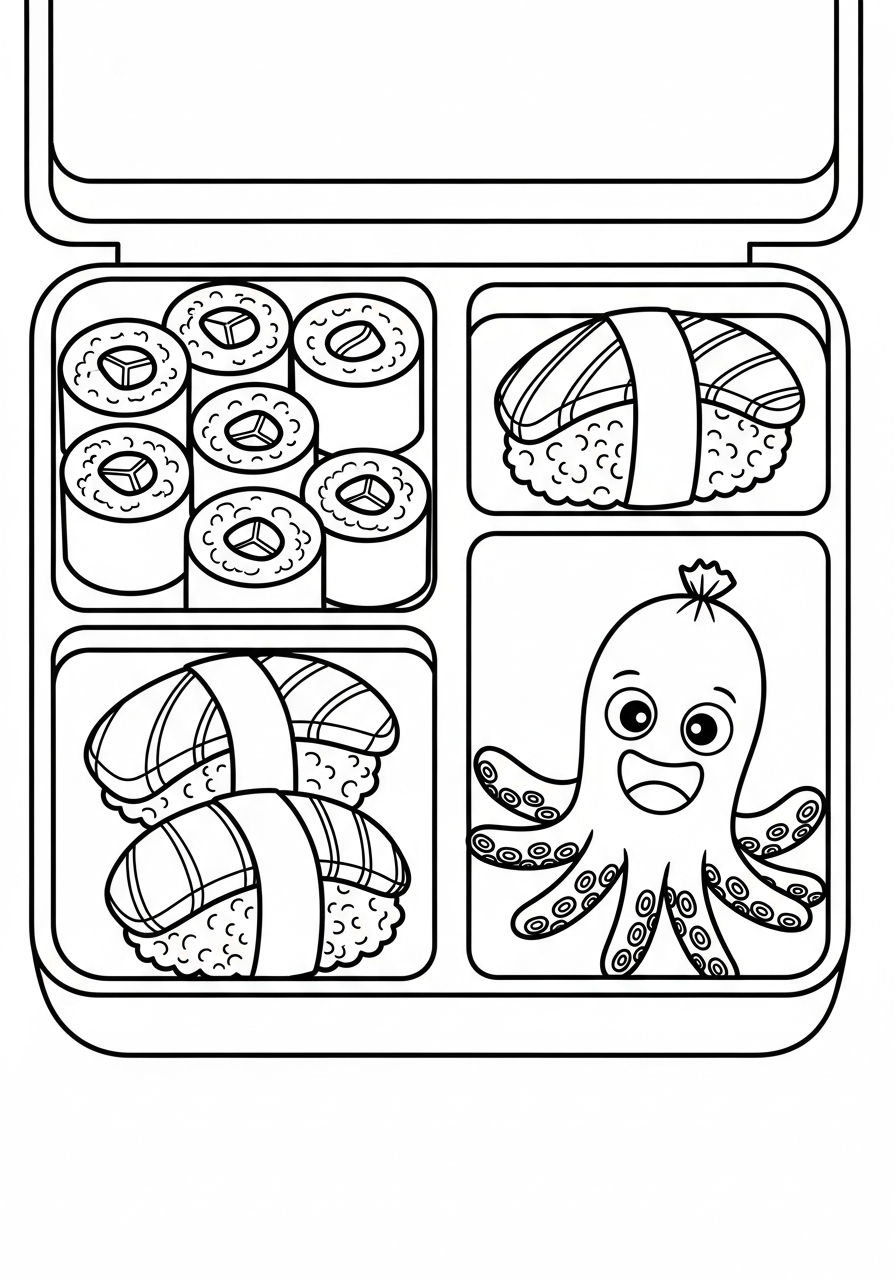 Kawaii bento box with sushi coloring page