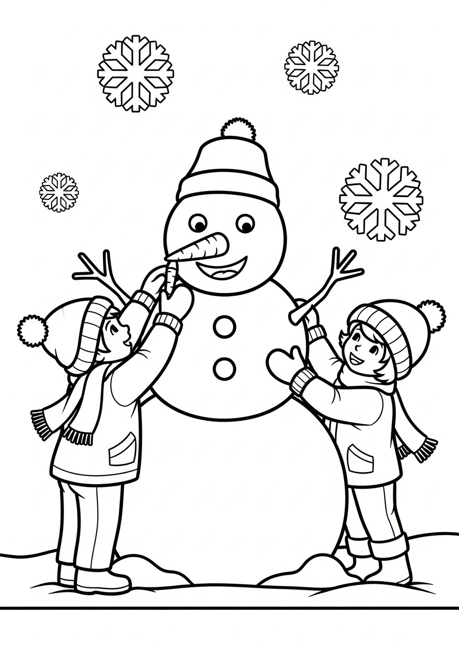 Snowman Coloring Pages 9 Kids building a friendly snowman coloring page