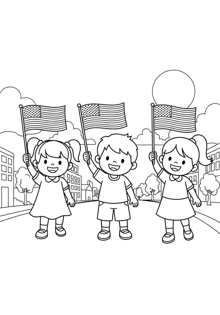 Veterans Day Coloring Pages 10 Kids waving flags at parade coloring page