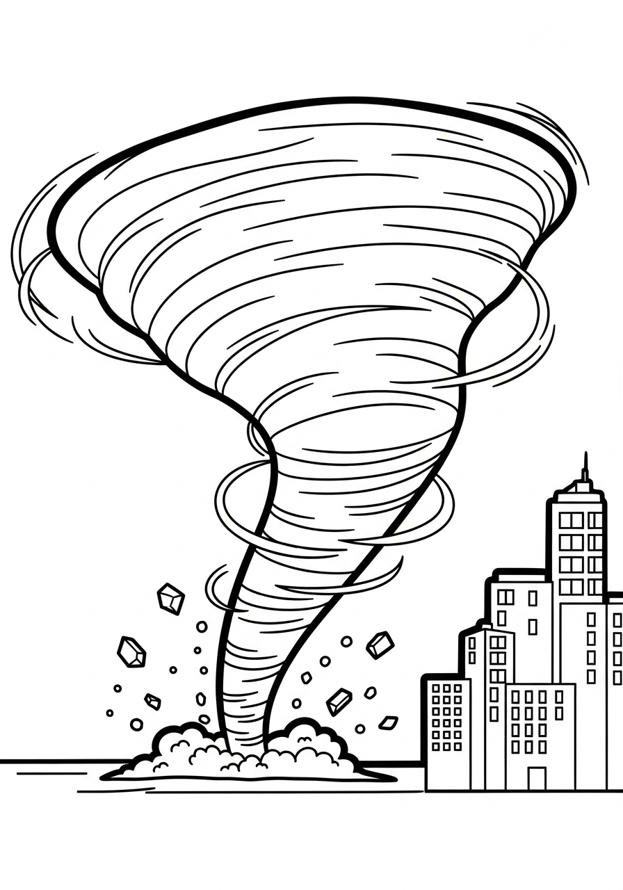 Large tornado over simple city coloring page
