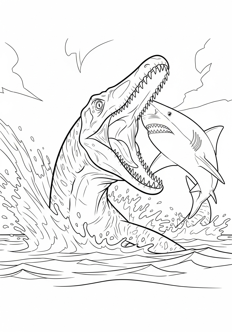 Leaping Mosasaurus attacking shark coloring page
