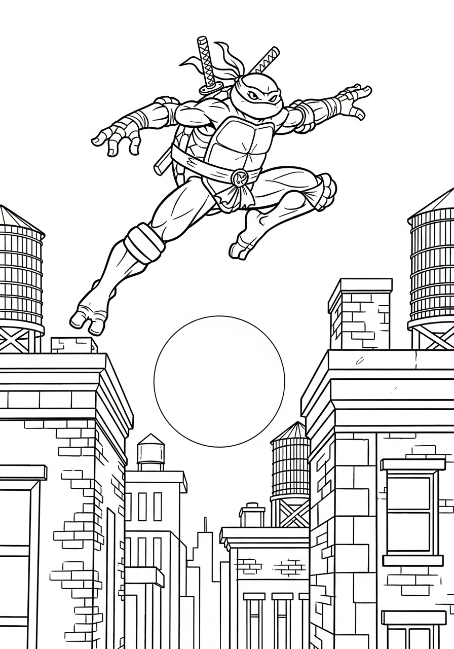 Ninja Turtle Coloring Pages 15 Leonardo leaping between rooftops coloring page