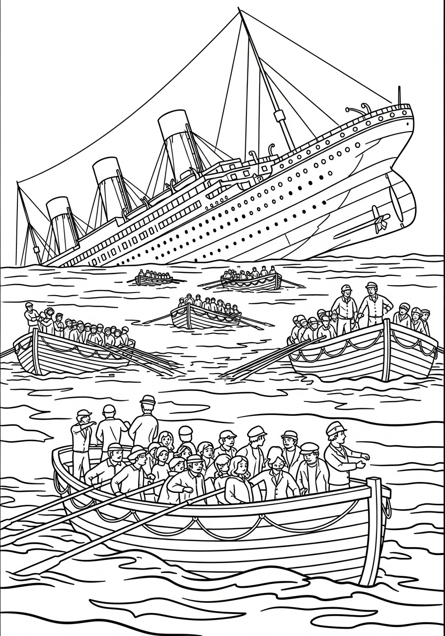 Lifeboats rowing away from sinking ship coloring page