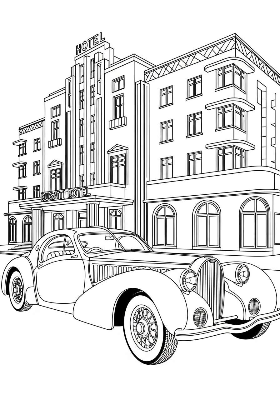 Luxury Bugatti Royale vintage hotel coloring page