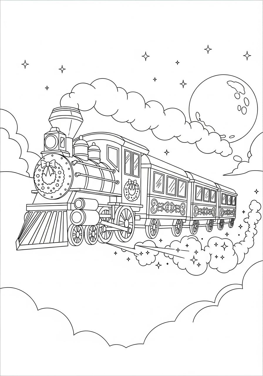 Christmas Train Coloring Pages 9 Magical train flying past moon coloring page