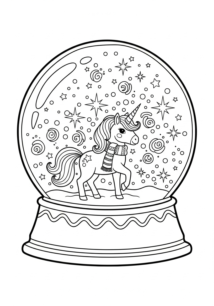 Magical winter unicorn snow globe coloring page