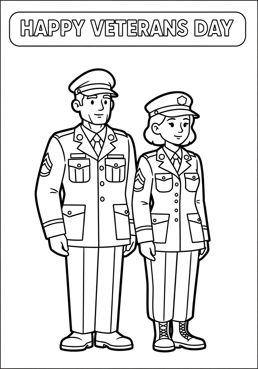 Veterans Day Coloring Pages 12 Male and female soldiers standing coloring page