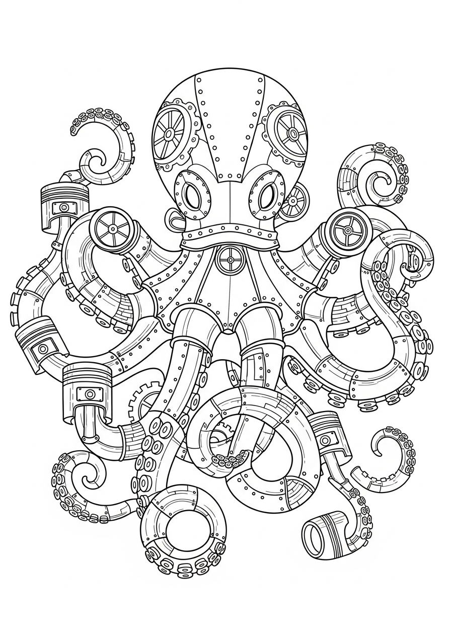 Mechanical steampunk octopus coloring page
