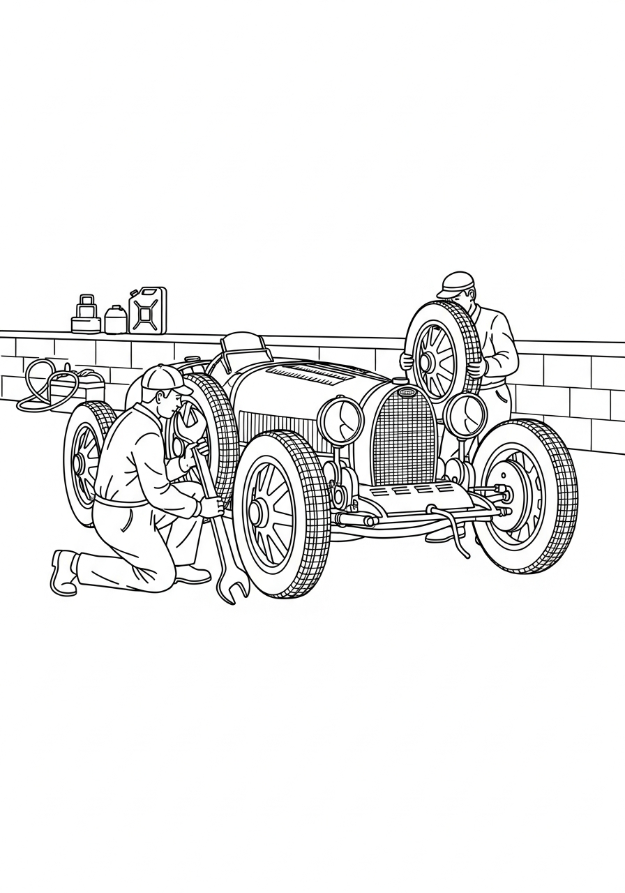 Mechanics fixing vintage Bugatti racer coloring page