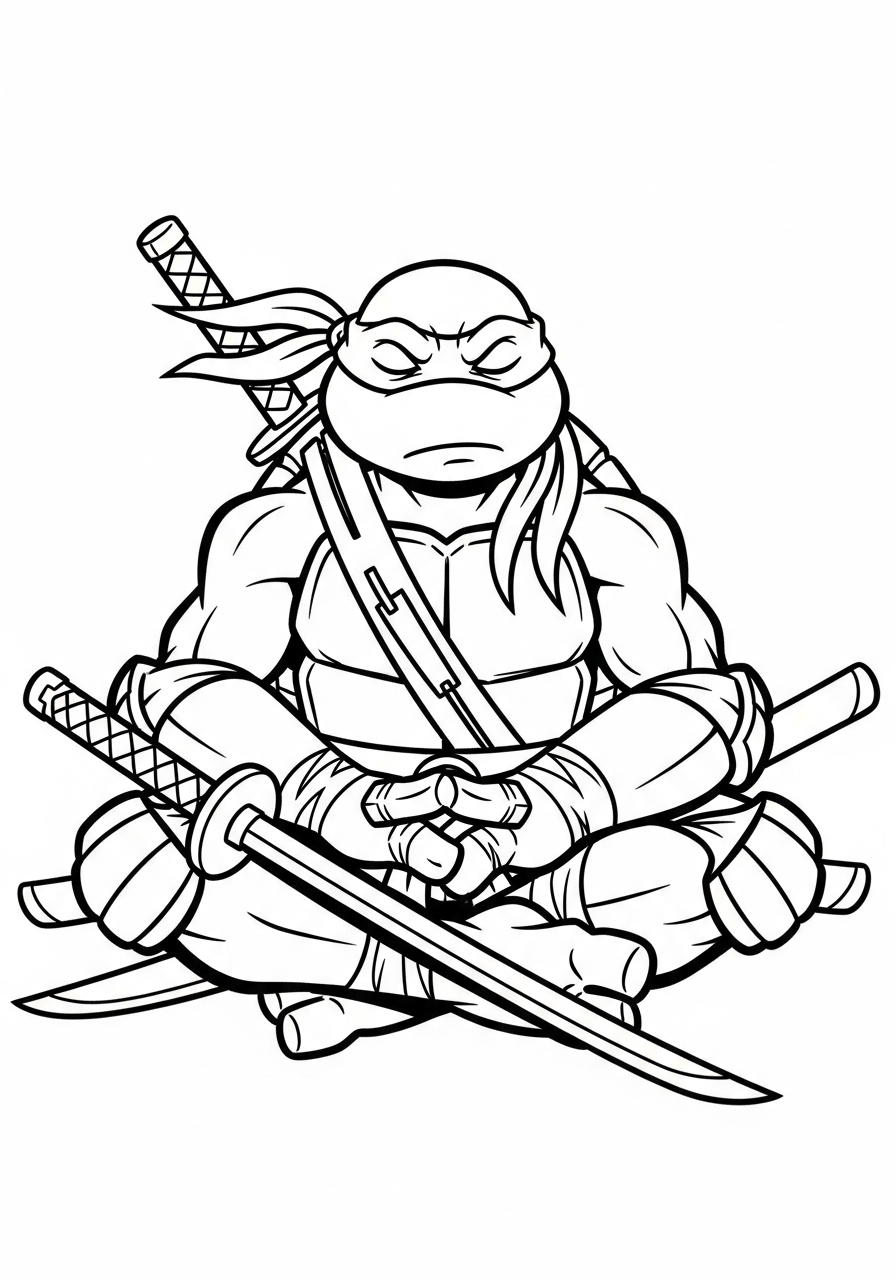 Ninja Turtle Coloring Pages 17 Meditating Leonardo with katanas coloring page