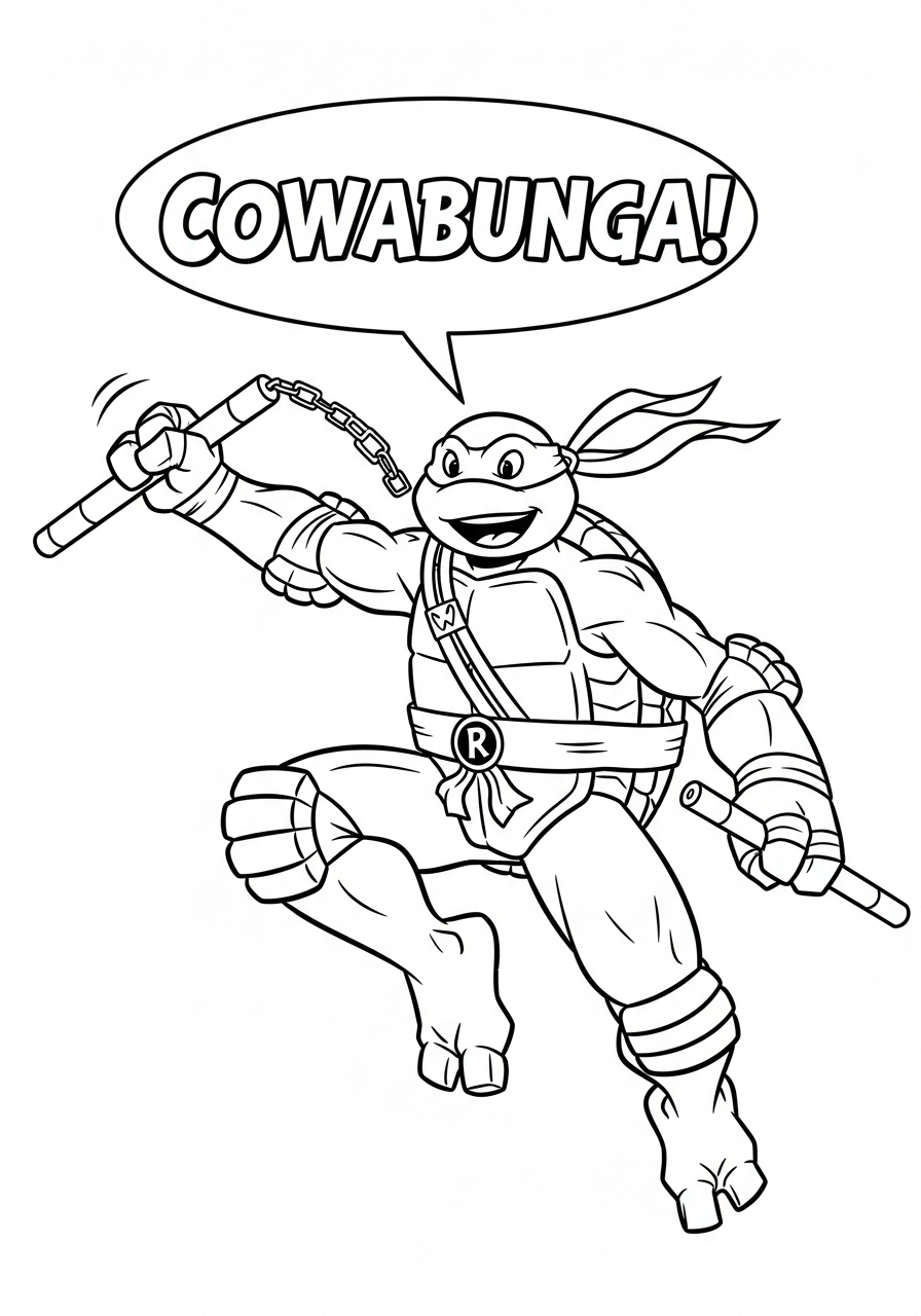 Ninja Turtle Coloring Pages 20 Michelangelo’s Cowabunga! mid-air jump coloring page