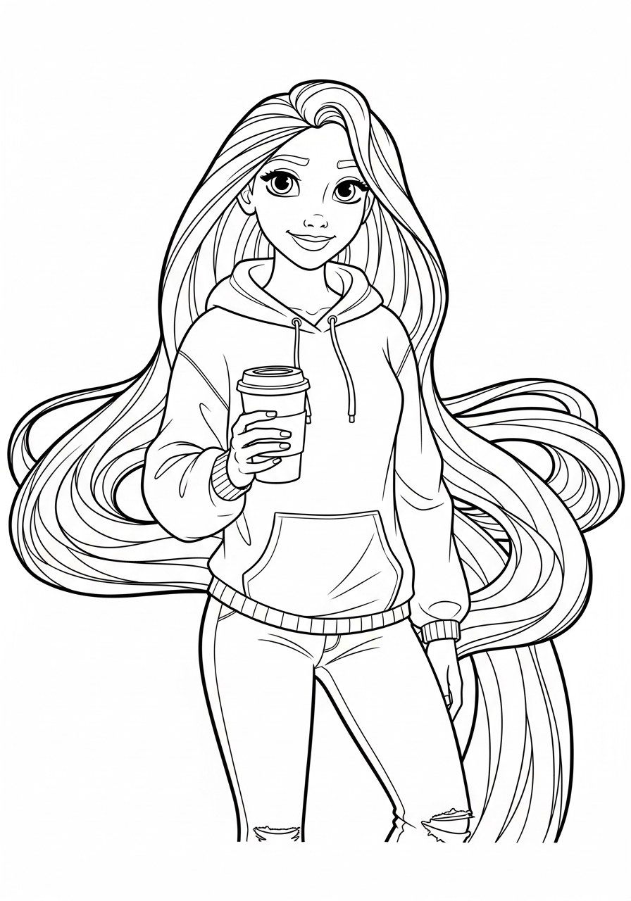 Modern Rapunzel with coffee cup coloring page