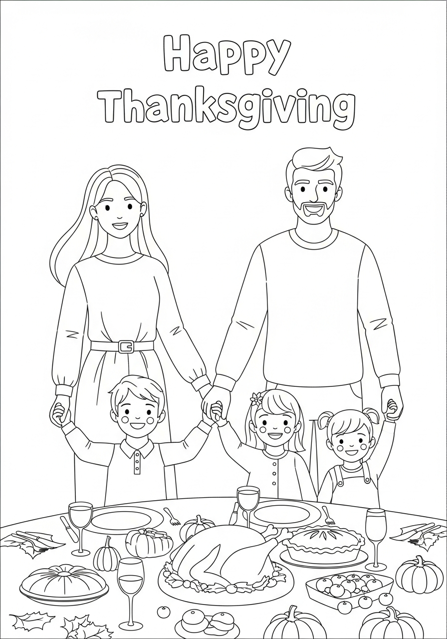 Thanksgiving Coloring Pages 16 Modern family holding hands at table coloring page