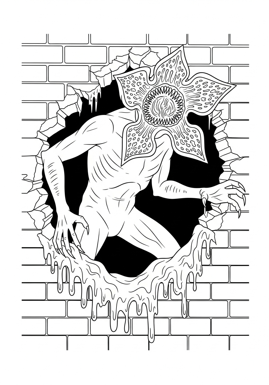 Monster coming through wall portal coloring page