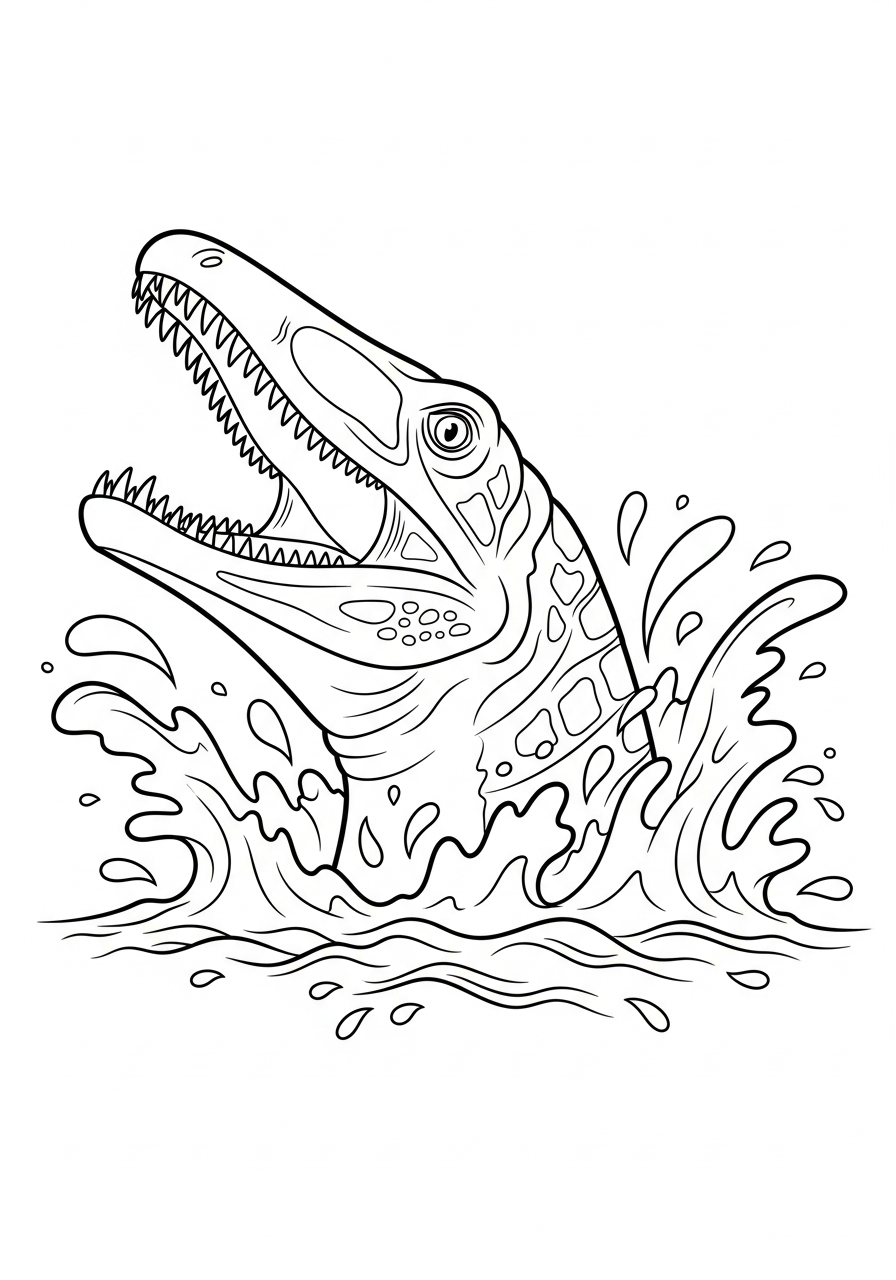 Mosasaurus breaching water surface coloring page