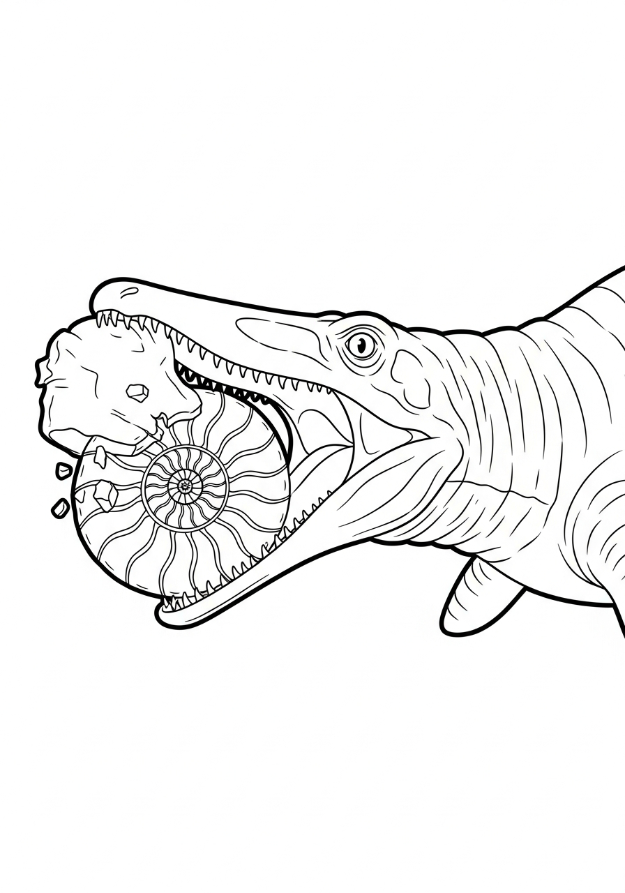 Mosasaurus eating ammonite coloring page