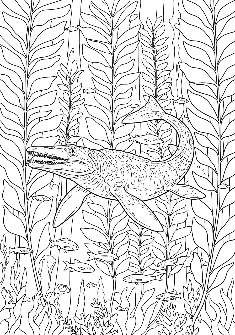 Mosasaurus in kelp forest coloring page