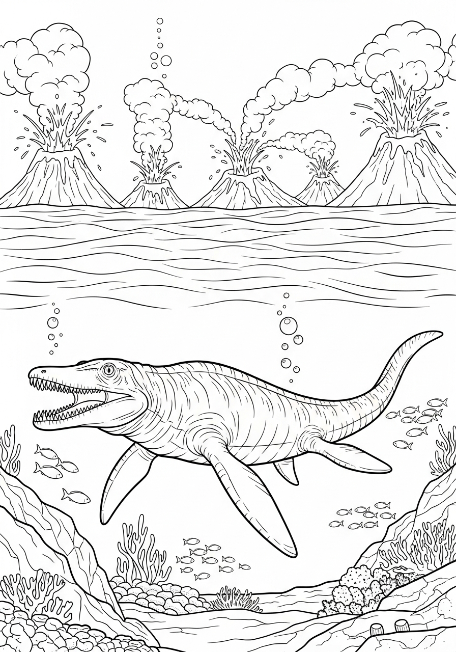 Mosasaurus near underwater volcano coloring page
