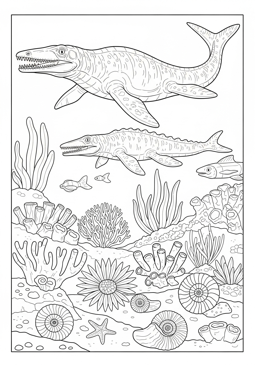 Mosasaurus over prehistoric reef coloring page