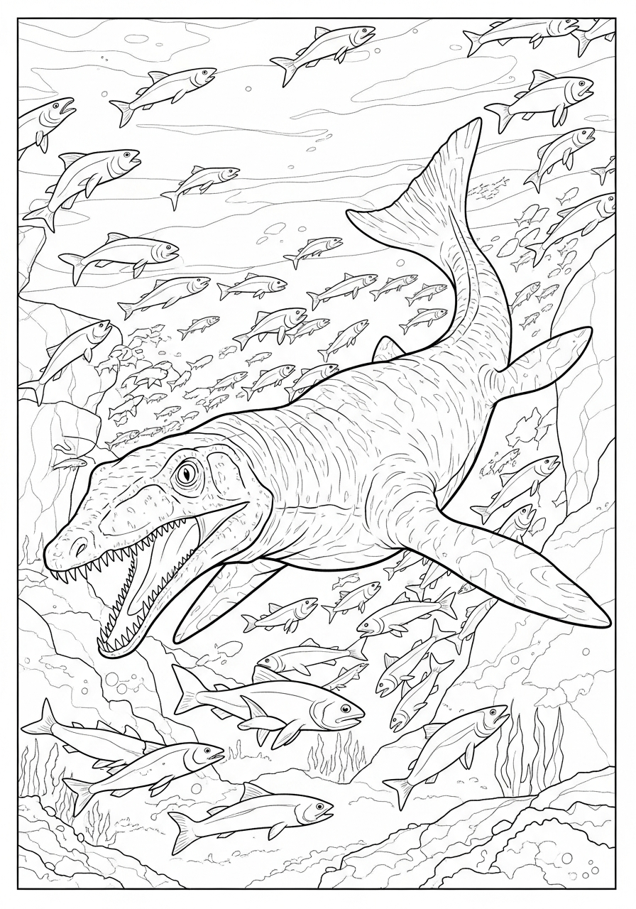 Mosasaurus scattering fish school coloring page