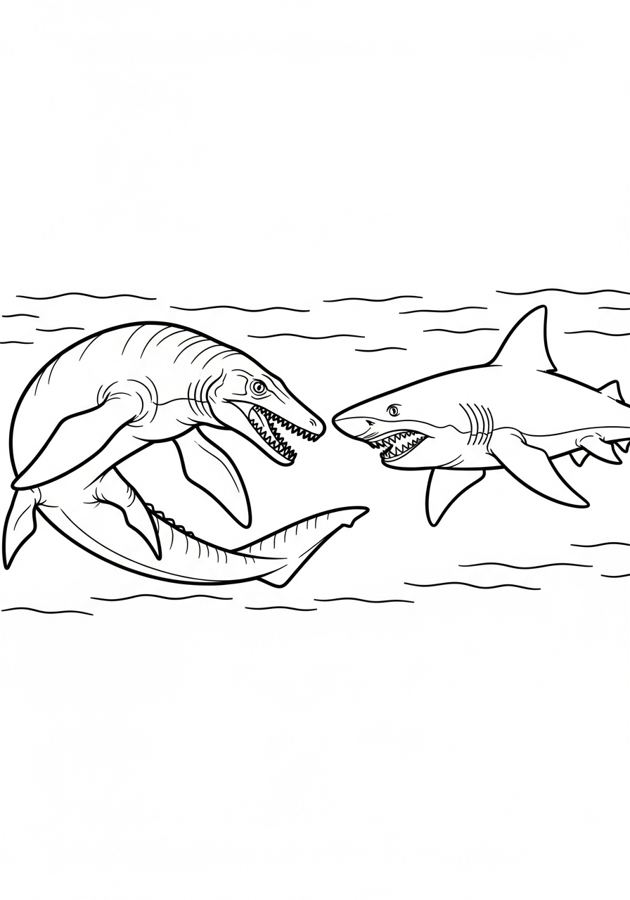 Mosasaurus versus shark battle coloring page