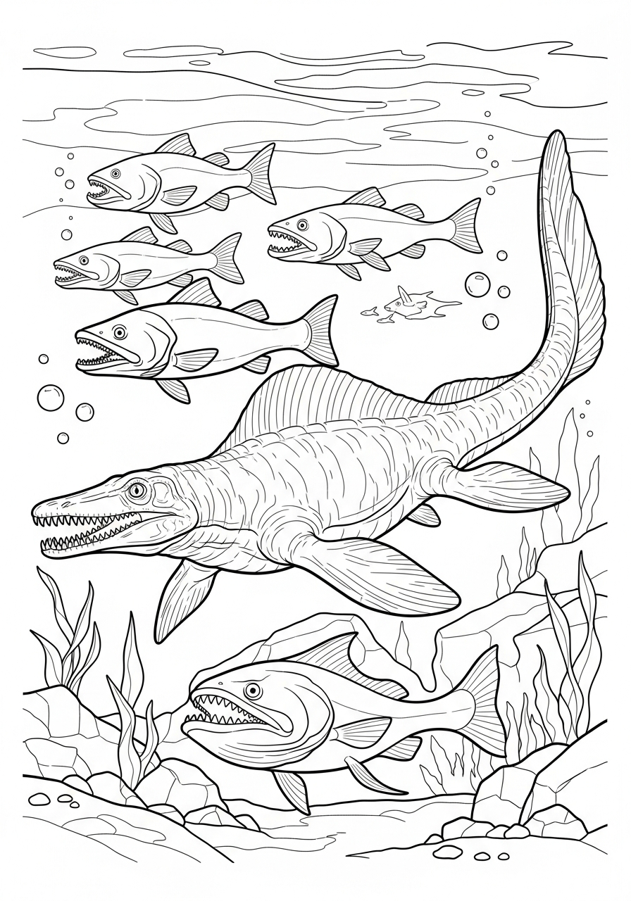 Mosasaurus with giant fish coloring page