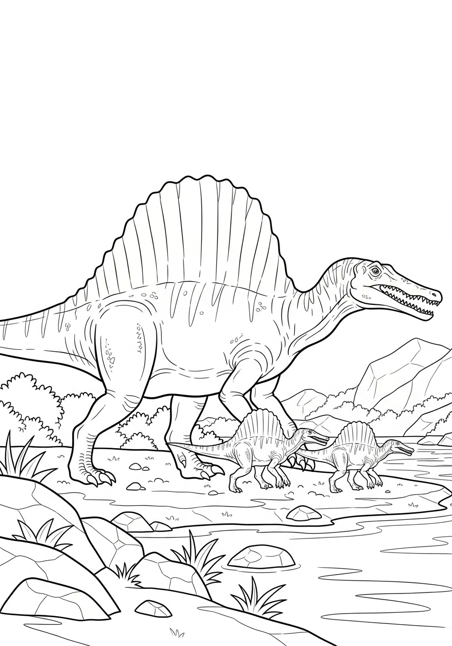 Mother Spinosaurus with babies coloring page