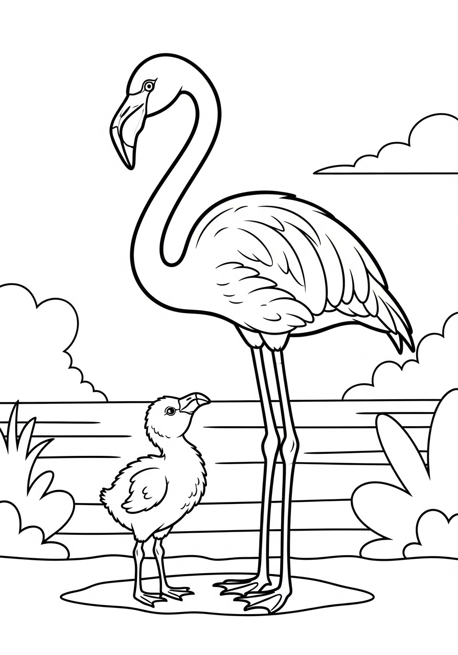 Mother and baby flamingo chick coloring page