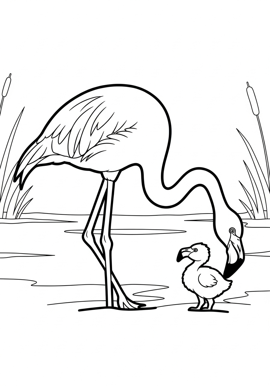 Mother flamingo feeding her chick coloring page