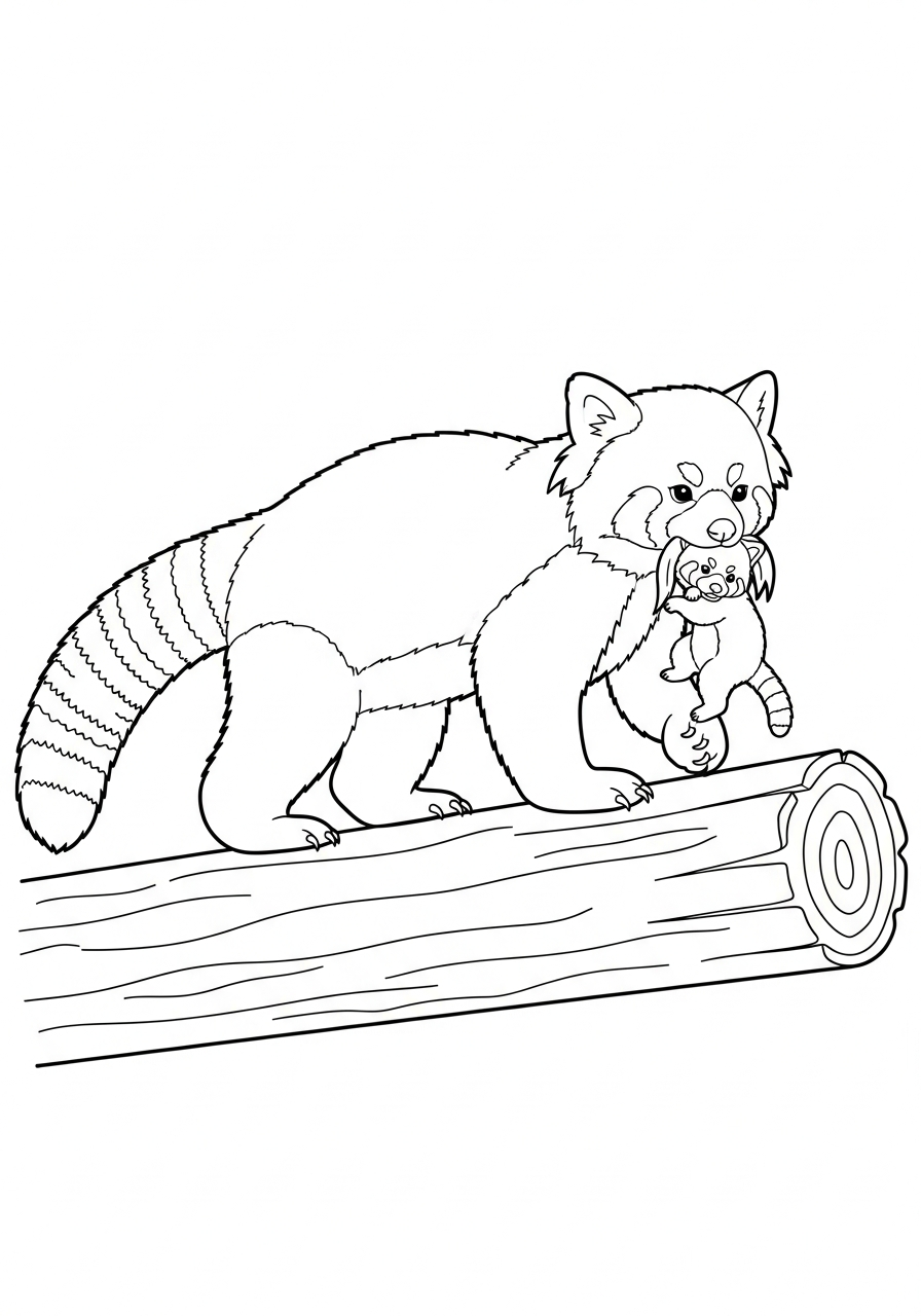 Mother red panda carrying cub coloring page