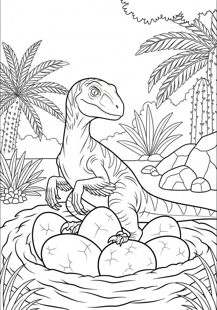 Velociraptor Coloring Pages 15 Mother velociraptor guarding eggs in nest coloring page
