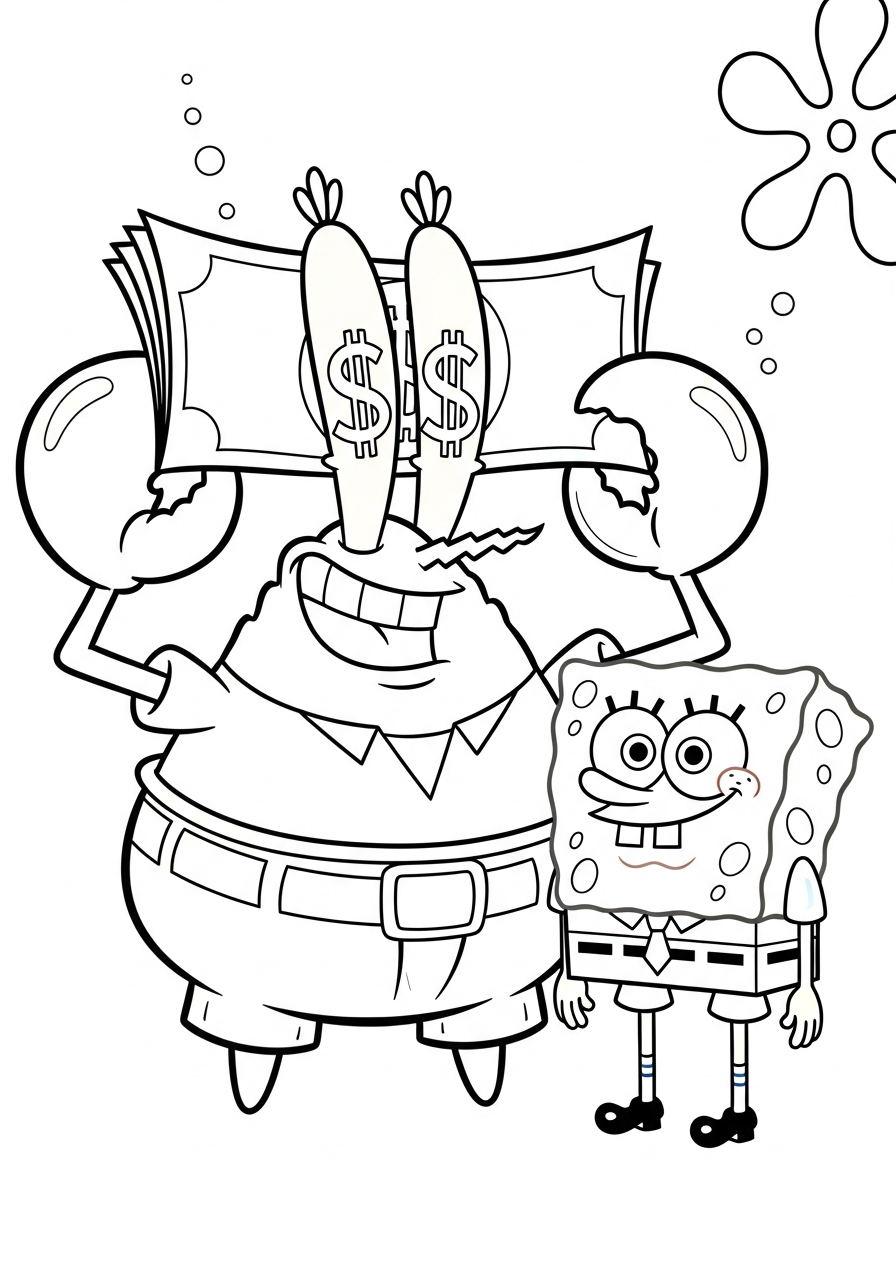 Mr Krabs holding giant money bill coloring page